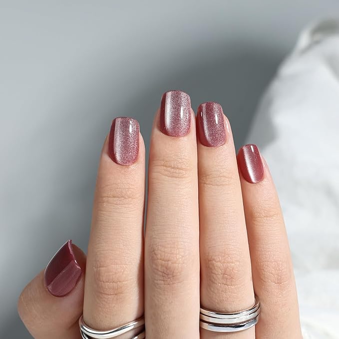 Press On Nails - Short Square Press on Nails Rose Glazed Nails Press Ons for Women DIY Fake Nails Kit with Glue, Glossy Reusable Glue on Nails Short in 15 Sizes - 30pcs, Rosewood Glow