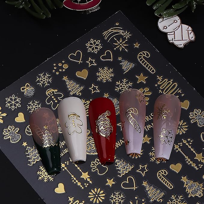 8 Sheets Christmas Nail Stickers for Nail Art, Cute Xmas Nail Decals 3D Self Adhesive Winter Nail Accessories Gingerbread Man Christmas Tree Snowflake Pattern Holiday Manicure Supplies for Women Girls