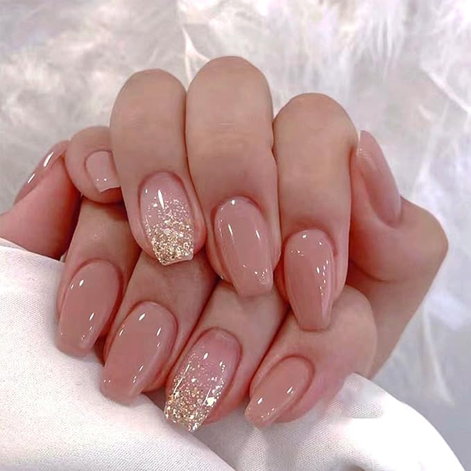 Coffin Press on Nails Medium Fake Nails with Design Gold Glitter Sequins Glossy Glue on Nails Pink Acrylic Full Cover Square False Nails Shiny Artificial Nail for Women Girls Manicure 24Pcs