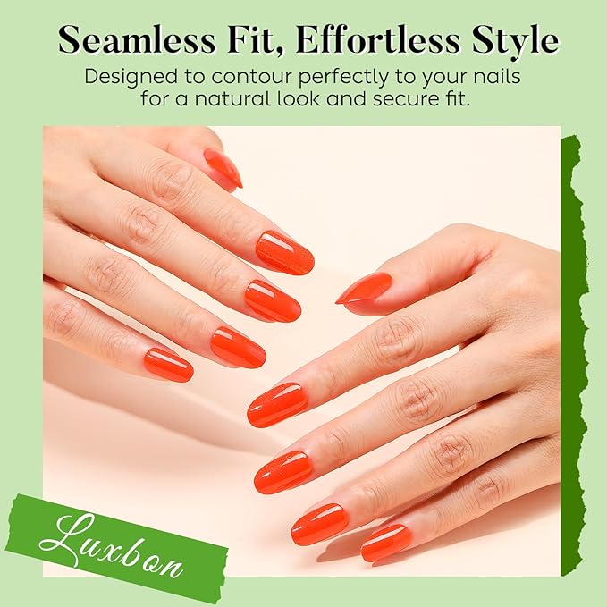 Luxbon Short Rounded Soft Gel Press On Nails with No-Cure Nail Glue and Tool Kit – Glue On Nail Tips 25-30pcs Full Size Set, Reusable Acrylic Fake Nails for Women, Salon Look at Home, Red