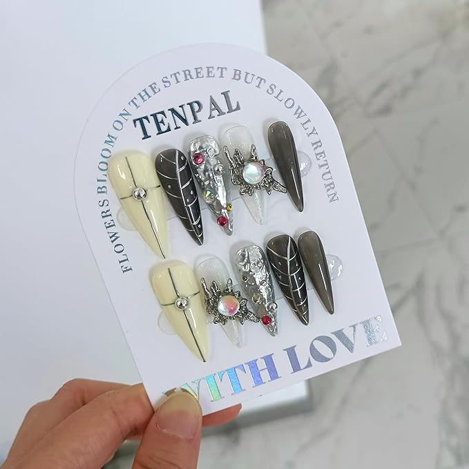 Gothic Black-Grey 3D Metallic Press on Nails Long Stiletto,Gems Chains Hand-Painted Fake Nails with Soft Gel,Halloween Party Vampire Nails,Edgy Rhinestone Y2K Nail Kit with Tools 10pcs(M)
