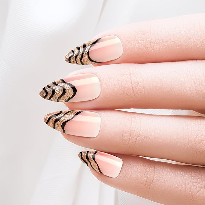 Goldfinger Trendy False Nails Kit, Long Almond Shape Design Nail, Elegant Nude Stripes Print, Ready to Wear Gel & Manicure Stick Included, Long-Lasting Convenient & Easy to Apply