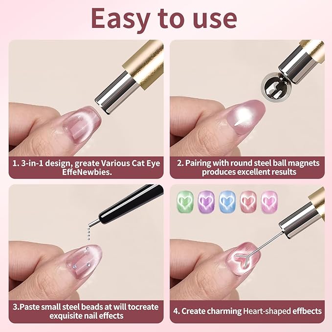 4-Piece Cat Eye Magnet Set – Gold Nail Magnet, Heart-Shaped Nail Art Magnet, Black Bead-Attracting Cat Eye Magnet for Nails Pen Accents, Works with Cat Eye Gel Polish for DIY Nail Designs