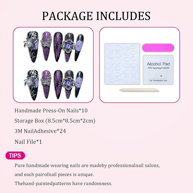Handmade Press on Nails Purple Glitter False Nail Halloween Press on Nails 3D Luxury Spider & Eyeball Designs Thick Long Almond Fake Nail Full Cover Halloween Spider Web Stick on Nail for Women (S)