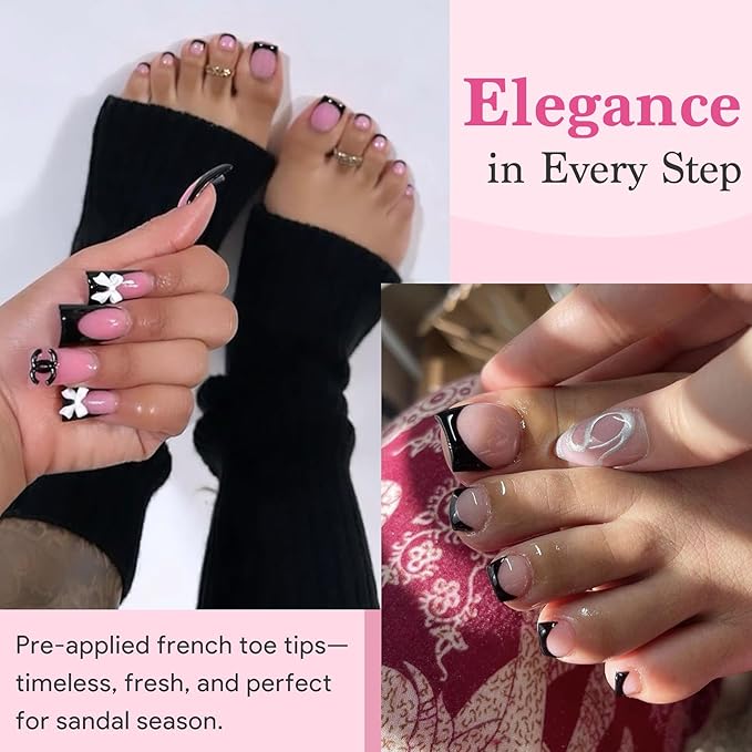 Toenail Press Ons French Tip, Berry Pink Black Elegant False Toe Nail Extension 15 Sizes 270 Pcs Sharp Square Acrylic Tips Pre-applied Nail Primer & Base Coat Full Cover for DIY Home 2025 Summer