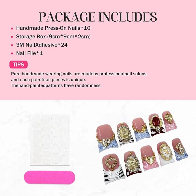 Handmade Press on Nails Short Leopard French Tip False Nails Reusable ABS Material Fake Nails with Charms Designs Nails Press Ons Luxury Full Cover Stick on Nail for Women 10Pcs(Size M)