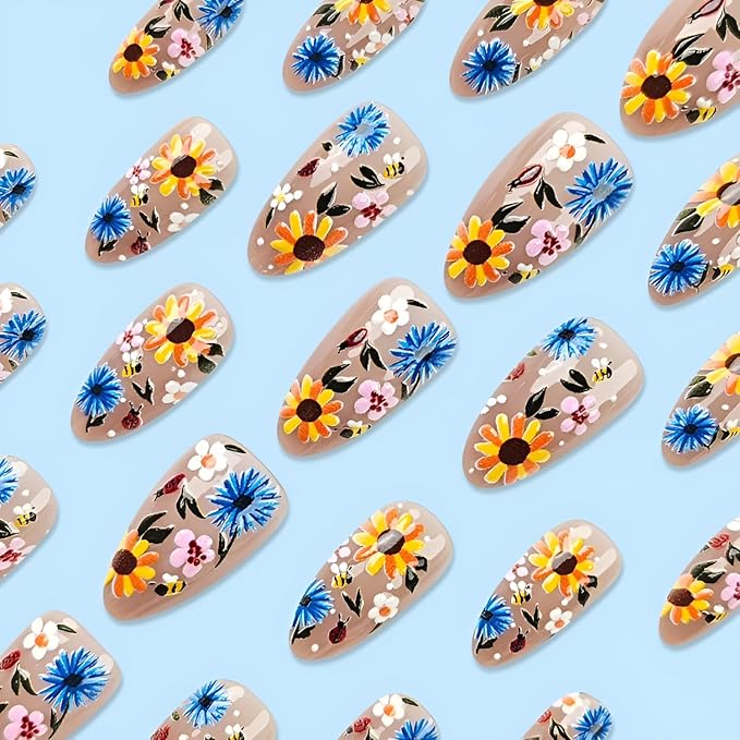 Flower Press on Nails Medium Almond Fake Nails Colorful Flower Nails Press Ons Glossy False Nails Summer Spring Glue on Nail DIY Acrylic for Women and Girls Decorations Set 24Pcs