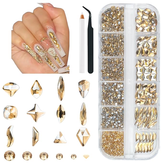 2052Pcs Champagne Gold Nail Rhinestones 72 Multi Shapes Golden Rhinestones for Nails Flatback Nail Gems +1980 K9 Glass Round Beads Stones Diamonds Nail Charms Art for Nails Faces Eyes Crafts
