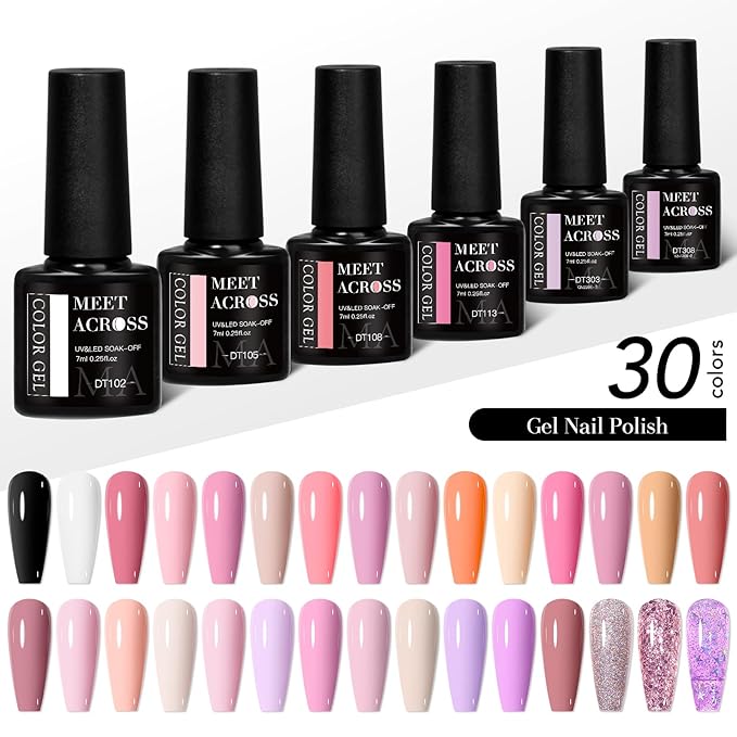 MEET ACROSS 30 Pcs Pink Gel Nail Polish Set, 30 Colors Gel Polish Nude Light Baby Pink Purple Glitter Soak off Uv Led Manicure Kit for DIY Manicure Gift for Women