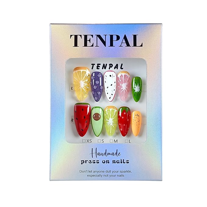Summer Fruit Press on Nails - Vibrant Almond Shaped Fake Nails with Kiwi, Watermelon & Avocado Designs | Reusable Colorful Nail Art for Women | Tropical Fruit Manicure Set (Medium Length,S)