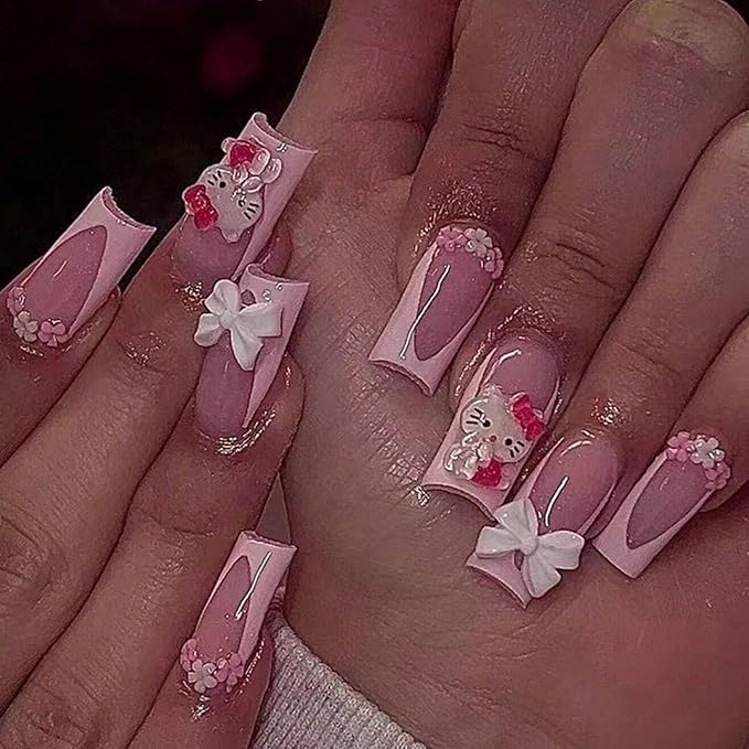 24Pcs French Tip Press on Nails Medium Pink False Nails with Bow Design,Cartoon Cute Nails Press ons Pink Stick on Nail Acrylic Nails Square False Nail for Women