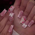 24Pcs French Tip Press on Nails Medium Pink False Nails with Bow Design,Cartoon Cute Nails Press ons Pink Stick on Nail Acrylic Nails Square False Nail for Women