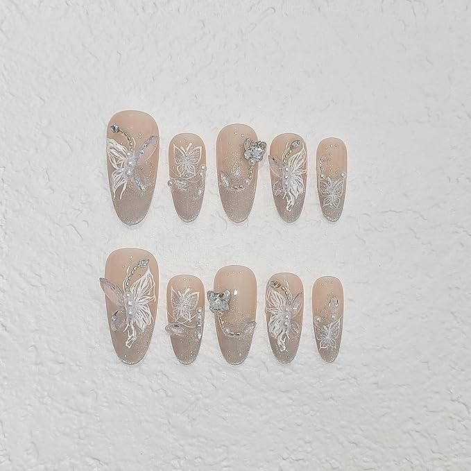 3D Butterfly Cat Eye Glitter French Press on Nails Medium Almond,Galaxy Icy Shimmer Rhinestones Designs with Full Manicure Kit 10pcs(S)
