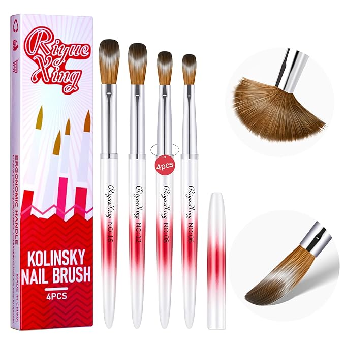 4PCS Acrylic Nail Brush Set, Kolinsky Hair, Oval Crimped Pressed Shaped, Size 6/8/12/16 - Red Metal Handle Professional Manicure Powder Brush for DIY Home Salon