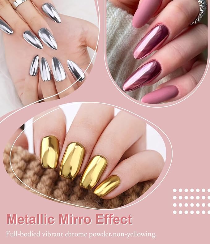 100% Metallic Effect Gold Chrome Nail Powder BISHENGYF: Holographic Mirror Glitter Gold Chrome Pigment Manicure Silver Copper Rose Gold Chrome Nail Powder for Nails Art DIY Decoration Gift
