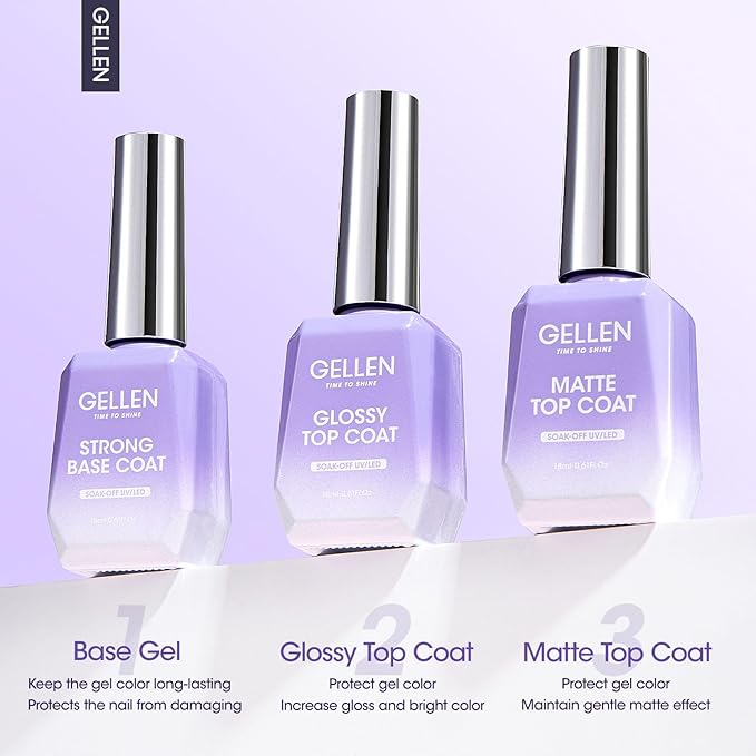 GELLEN 3Pcs Gel Base and Top Coat - 18ML Base Coat Nail Polish, Matte & Glossy No Wipe Clear Top Coat Gel, Soak Off UV Lamp Gel Polish Set for Starter
