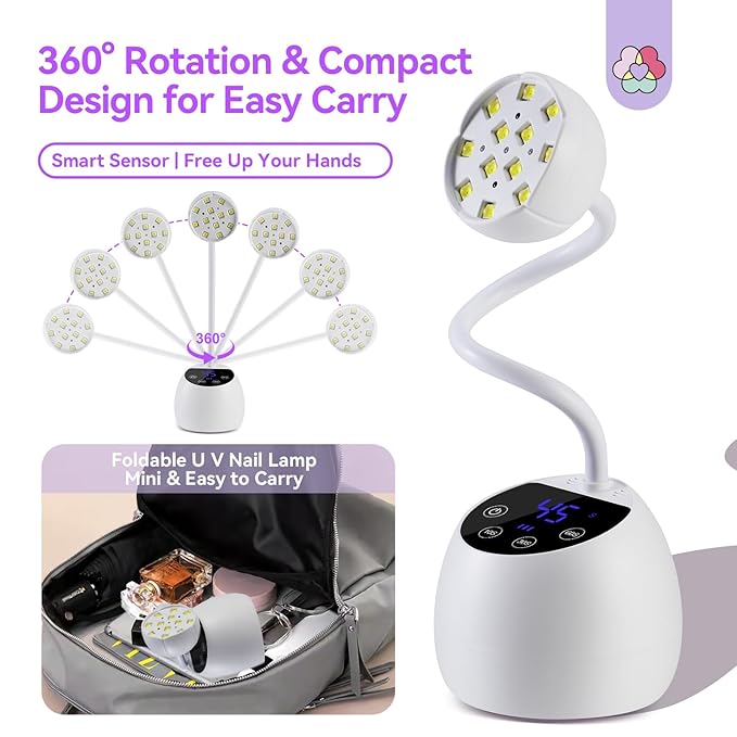 SAVILAND Intellisense Gooseneck U V Lamp for Gel Nails: Motion Sensor 36W U V Nail Lamp Quick Drying LED Cure Lamp Rechargeable Gel Lamp 3 Timers Setting 360°Adjustable Nail Dryer Manicure Light
