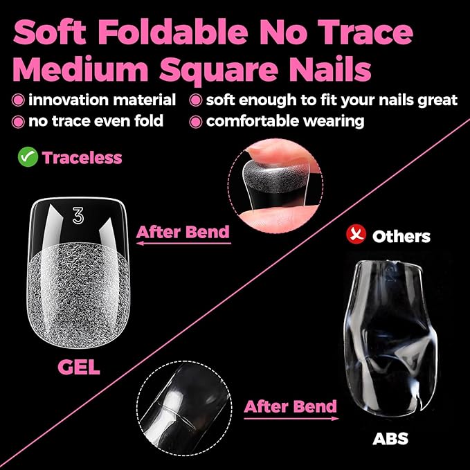 UNA GELLA Gel Nail Tips Square Short, 15 Sizes Short Square Press on Nails Pre Etched 300pcs Soft Gel Fake Nails Full Cover For Nail Extension Home DIY Salon for Flat & Curved Nail Beds