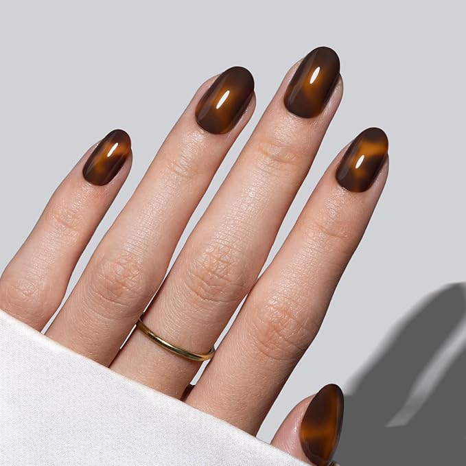 Tortoise Shell Press on Nails Short - SHANGMENG Soft Gel Oval Press on Nails for Women, Seamless Fit & Glossy Glue on Nails 16 Sizes - 32 Reusable Fake Nails Kit with Glue, Amber Memory