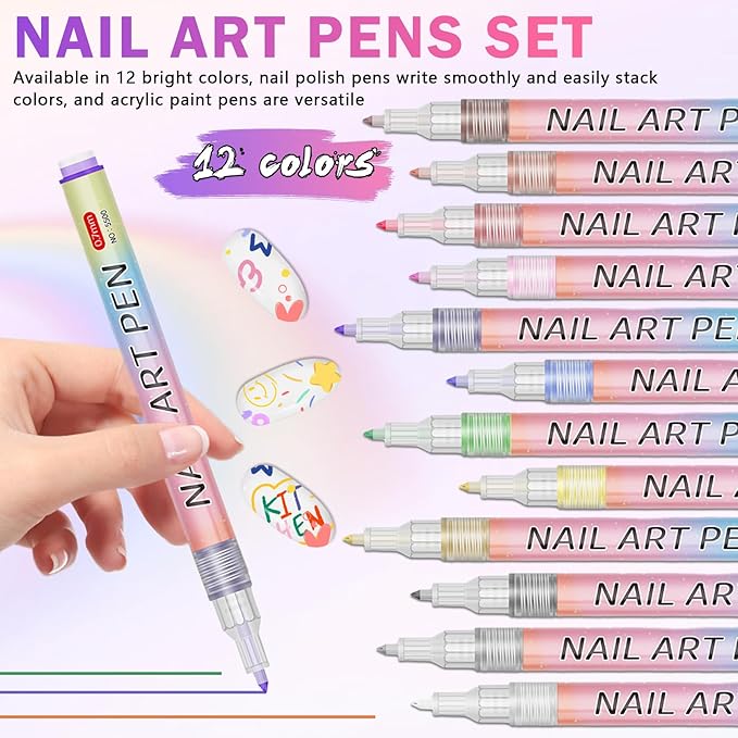 12 Colors Nail Art Pens Set, Nail Art Markers Polish Pens for Painting Nails, Acrylic Paint Drawing Painting Dotting Markers Pen Quick Drying Nail Art Design Manicure Tools 0.7mm