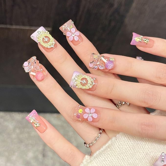 10 Pcs Valentines Day Handmade Medium Duck Press on Nails Flower Butterfly Candy Pattern Spring Fake Nails Cute Romantic False Nail for Women