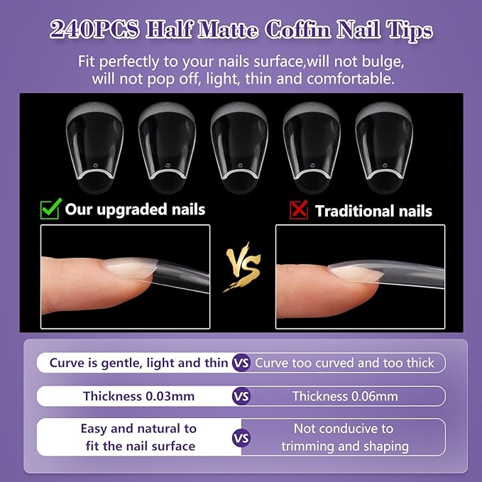 Clear Coffin Nail Tips, Gel Nail Tips for Acrylic Nails Professional，240PCS XL Nail Tips Half Matte Full Cover Ballerina Press on Nail Tips, Slightly C Curve French Nail Tips Use for Nail Extension