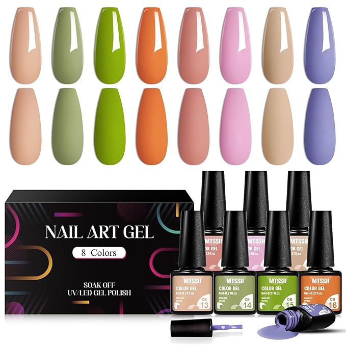 MTSSII Gel Nail Polish Set Fall Colors, 8 Colors Nude Green Earth Tone Pink Orange Blue Gel Polish Kit Soak Off LED French Nail Art Manicure Starter Salon DIY Nail Gift for Women