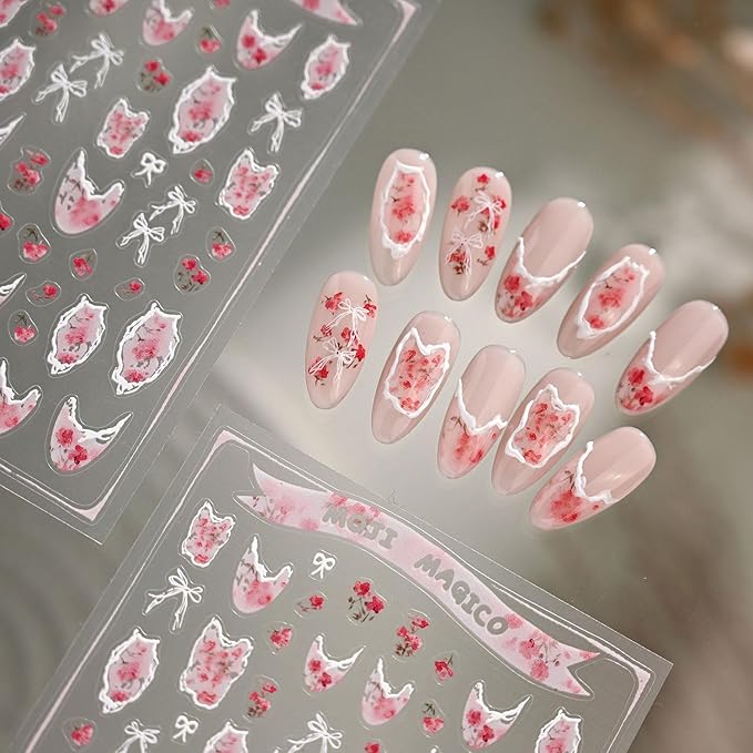 Flower Nail Stickers 5D Embossed White Bow Nail Decals French Tip Design Retro Floral Nails Designs Valentine's Day Nails Supplies for Women Girls DIY Manicure
