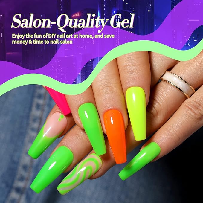 Born Pretty Neon Gel Nail Polish Set 6 Colors Spring Summer Luminous Glow in Dark Gel Polish Fluorescent Orange Hot Pink Blue Yellow Green Purple Gel Nail Polish Set 7ML