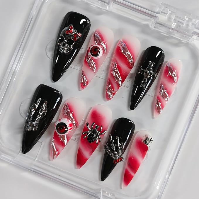 Halloween Handmade Press on Nails Long Almond 3D Nails Gothic Thick Acrylic Fake Nails Black&White False Nails with Eyeball Skull Spider Designs Sturdy Nail Art Press on Nails 10Pcs(S)