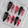 Halloween Handmade Press on Nails Long Almond 3D Nails Gothic Thick Acrylic Fake Nails Black&White False Nails with Eyeball Skull Spider Designs Sturdy Nail Art Press on Nails 10Pcs(M)