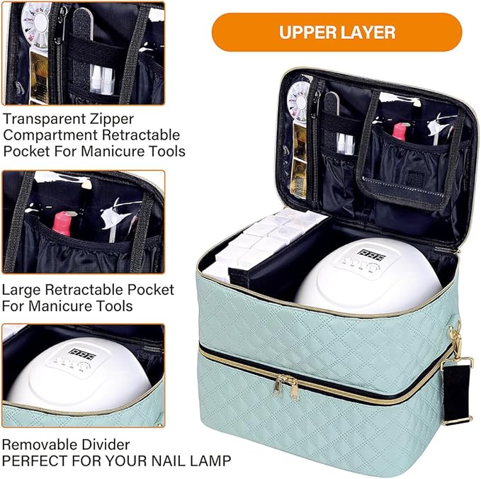 Nail Polish Organizer Case Holds 40 Bottles(15ml/0.5fl.oz) and Nail Lamp, Double Layer Nail Polish Storage with Adjustable Dividers,Portable Carrying Bag for Nail Kit, Manicure Tools Green