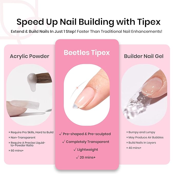 Beetles Tipex Nail Tips Kit Almond Short, 224Pcs 16 Sizes,Pre-building Pre-Etched Strong Thicker Acrylic Tips with Mini U V Lamp Tipex Nail Glue
