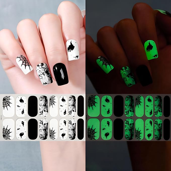 6 Sheets Halloween Nail Wraps Full Stickers Nail Polish Strips, DIY Self-Adhesive Nail Art Glow in The Darkness Decals Pumpkin Bat Ghost Spider with 1 Piece Nail Files for Party Decor (96 Pieces)
