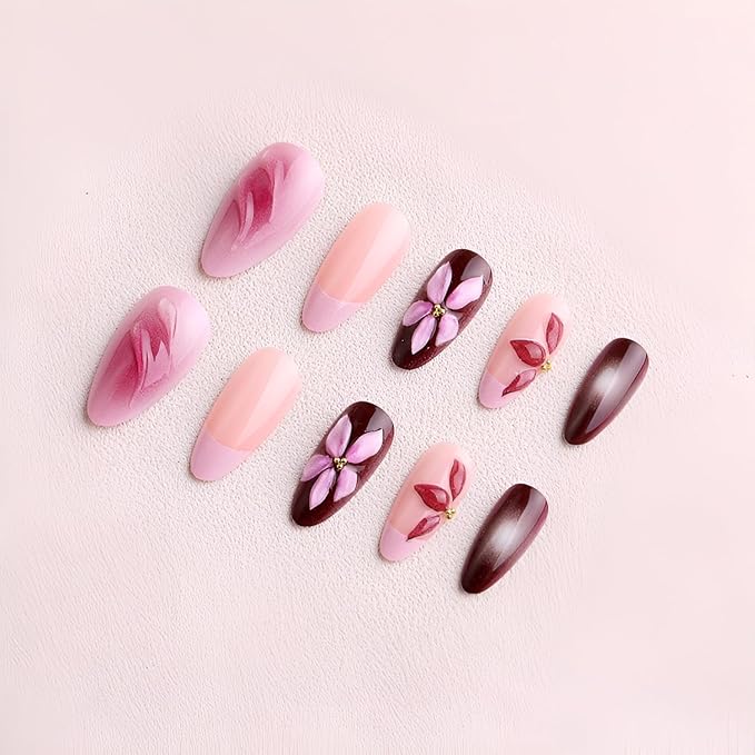 Flower Press on Nails Medium Almond Fake Nails French Tip False Nails 3D Flower Nails Press Ons with Gold Rhinestones Design Glossy Glue on Nail Gradient Stick on Nail for Women Set 24Pcs