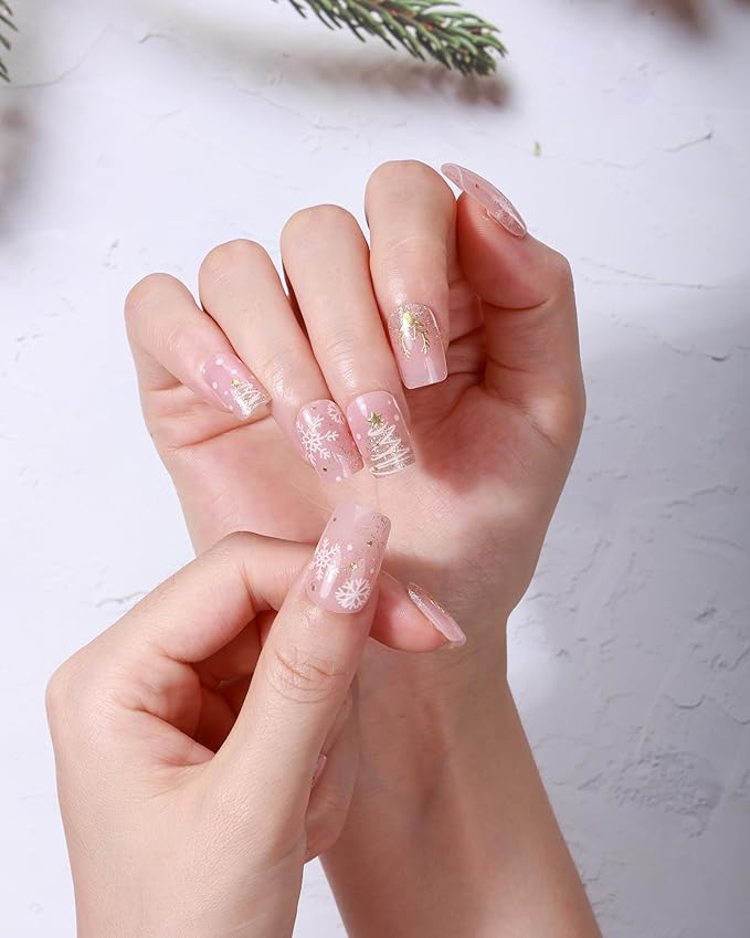 20pcs Christmas Semi Cured Gel Nail Strips - Salon-Grade DIY Wraps with Glaze Texture, Easy Application, UV Light Required for Festive Nails(Pink Gold Christmas Dreamy Nail)