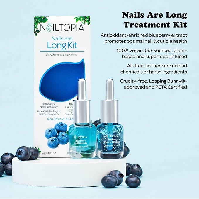 Nailtopia - Nails are Long Kit, Supports Short/Long Nails & Dehydrated Cuticles - Plant-Based, Non Toxic, Bio-Sourced - Hardening & Conditioning Superfood Treatment - Blueberry Extract (Clear) - 2 Pc