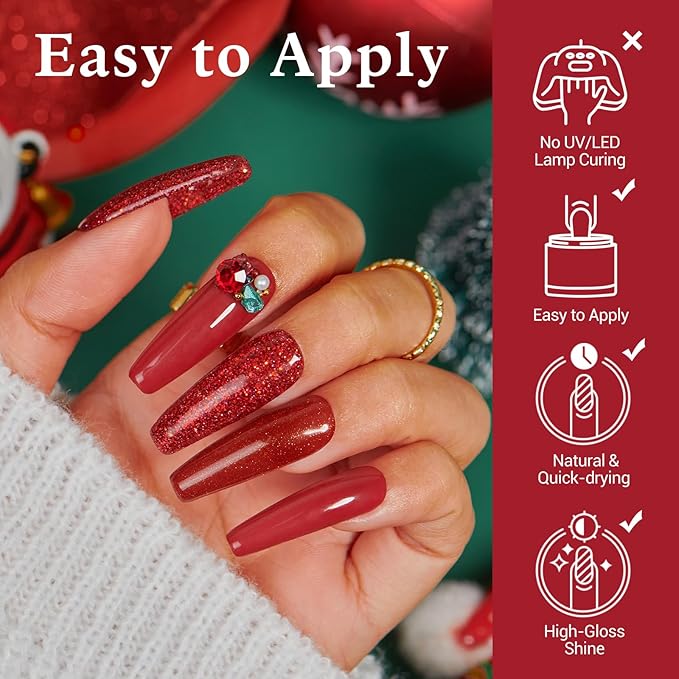 AZUREBEAUTY Christmas Dip Powder Nail Kit, 4 Colors Red Green Gold Glitter Dipping Powder System Liquid Set Recycling Tray, French Nail Art Base & Top Coat Activator DIY Salon.