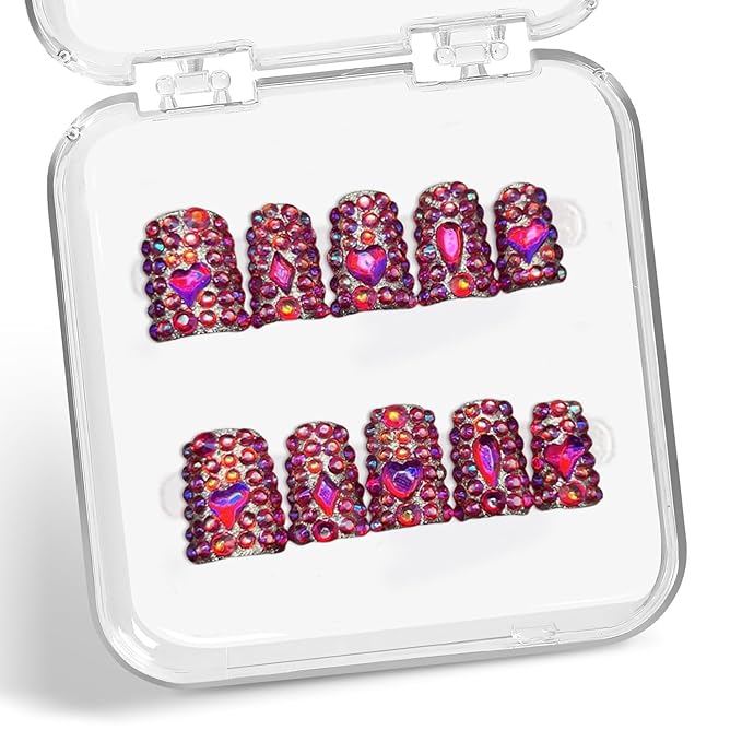 Handmade Press on Nails with Full Covered Luxury Rose Red Rhinestone Crystals False Nails Designs Reusable Muti-Layer Gel Stick on Nail Short Duck Thick Acrylic Fake Nails for Women（S)