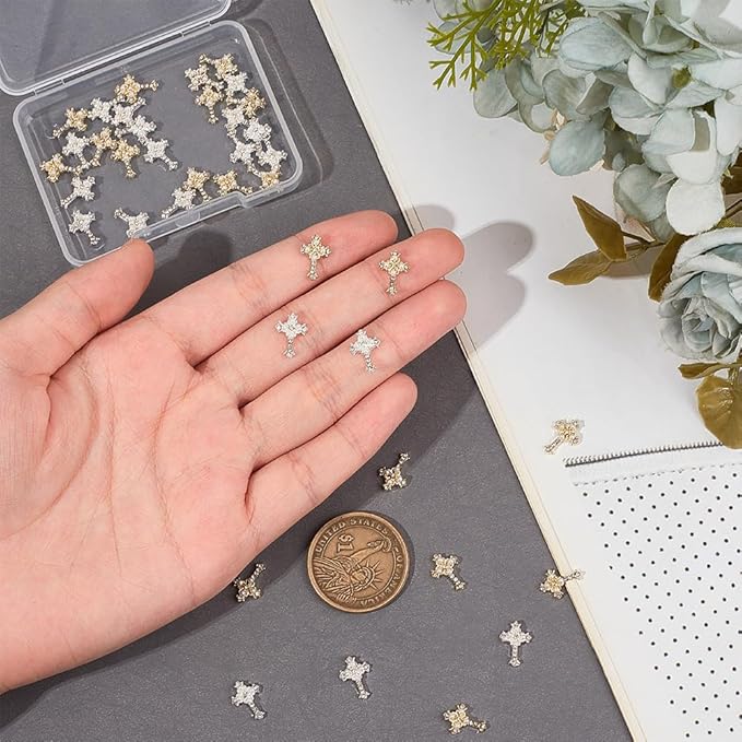 CRASPIRE 40Pcs 2 Styles Cross Nail Charms 3D Y2K Luxury Nail Gems Set Metal Alloy Rhinestone Pearl Flat Gothic Vintage Punk Studs Decor for Women Nail Art DIY Crafts Jewelry Christmas Decor Cellphone
