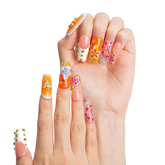 LOVFUL Short Press on Nails Tropical Trouble | Handmade Acrylic Press ons | Reusable Fake False Nails | Square Classic Regular 1.3in | H612-L