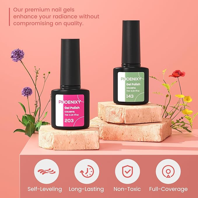 Phoenixy 24Pcs Gel Nail Polish, 21 Colors Gel Nail Polish Kit Burgundy Red Green Purple with Base Coat Glossy Matte Top Coat for Beginners Nail Art at Home PCB9029