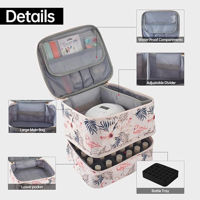 Buruis Double-Layer Nail Polish Organizer Bag, Holds 27 Bottles (15ML/0.5 FL.OZ or Larger), Nail Tools & Dryer Storage Case with Adjustable Dividers (Flamingo)