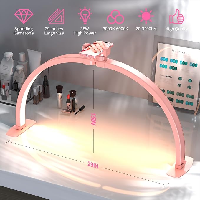 Professional Large Half Moon Light for Nail Desk with Phone Holder, Arch Light for Nail Techs for Manicure Table (Pink, Large)