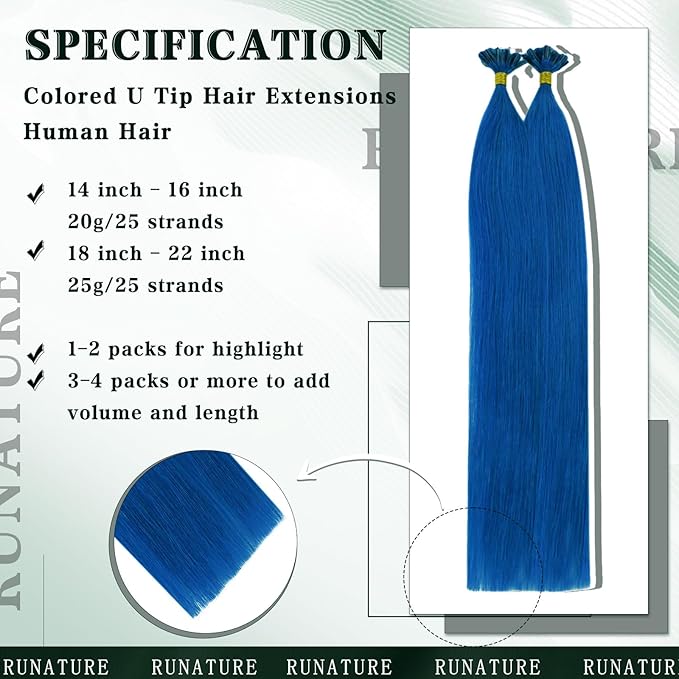 RUNATURE U Tip Hair Extensions Real Human Hair 18 Inch Blue Hair Extension Remy Keratin Tip Hair Extensions Human Hair Blue Hair Extension U Tip Hot Fusion Extensions Long Lasting 25g 25s
