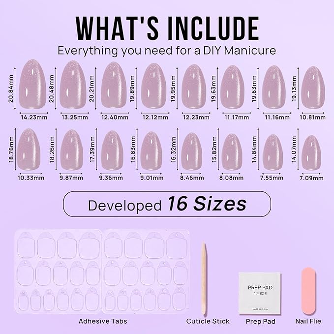 BTArtbox Press On Nails Almond - Short Soft Gel Fake Nails with Nail Glue, Opaque Reusable Stick On Nails in 16 Sizes - 32 Nail Kit, Falling Star Cat Eye