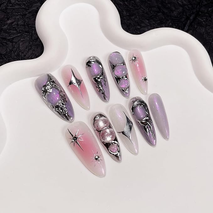 Aurora Purple Nails,Acrylic Metallic Press on Nails Long Almond,Sweet Cool Fake Nails With Soft Gel, 10Pcs/Box Handmade Acrylic Glue on False Nails Press Ons,y2k False Nails For Women Gift(S)