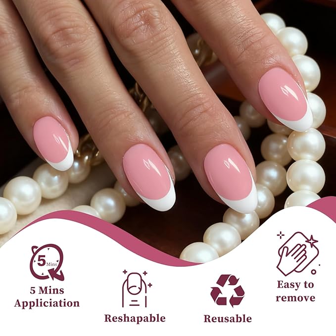 240PC White French Tip Press on Nails Short Fake Nails Press ons with 5*Adhesive Tabs, Pink Almond Acrylic Nail Press on Nail French Tip Nails False Artificial Fingernails Stick on Nails-E