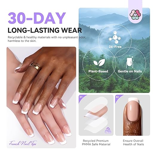 SAVILAND French Press on Nails: Strong-fit Short Suqare Handmade French Tip Nails Nude Long-Wear 150 PCS Nail Tips Natural & Thick Soft Gel Fake Nails DIY Nails Art Home SSProTip X