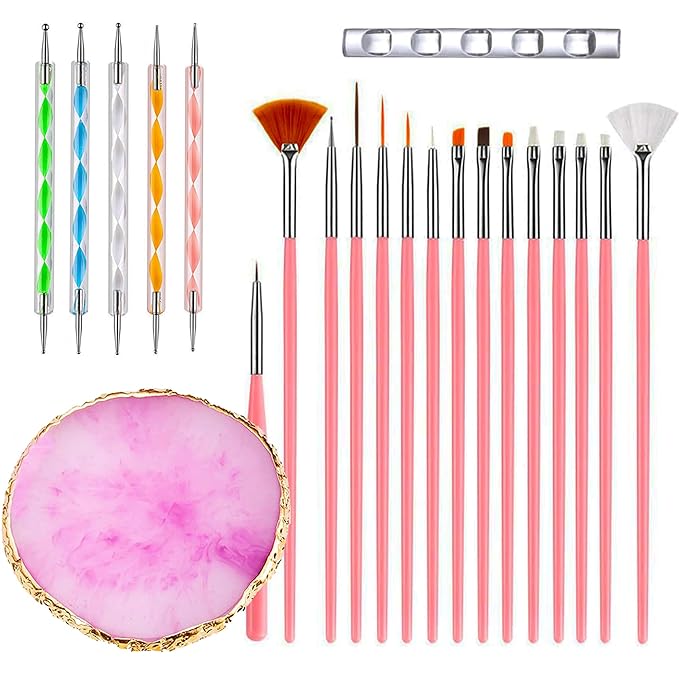 22PCS Nail Art Tools Kit, Nail Brushes Set with Dotting Tools, Palette, Transparent acrylic pen holder, Professional Nail Design Brushes for Nail Painting, Drawing, Detailing - Pink